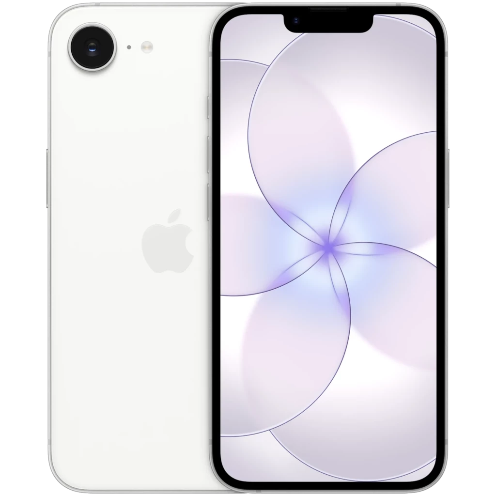 Apple iPhone 17e 5G 256 GB Branco Smartphone branco Apple visto da frente e costa com ecrã ligado e padrão violeta