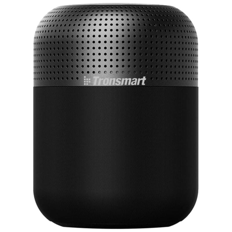 Coluna portátil preta Tronsmart com design cilíndrico e topo perfurado