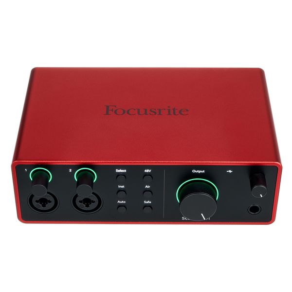 Focusrite Scarlett 4i4 4th Generation Interface de áudio Focusrite vermelha com botões de volume iluminados e entrada para auscultadores