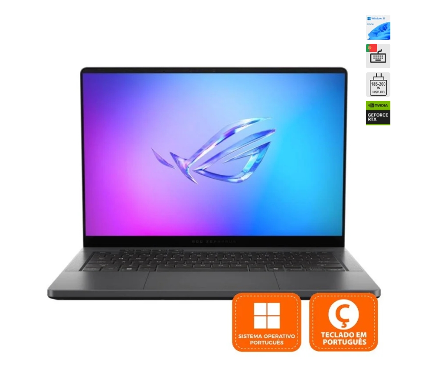 ASUS ROG Zephyrus G14 GA403WP-A91BO57CB1 AMD Ryzen AI 9 HX 370/32GB/1TB SS/RTX 5070/14" (PT) Computador portátil com ecrã aberto e fundo azul e roxo com logótipo