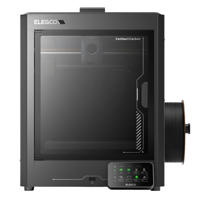 Elegoo Centauri Carbon Impressora 3D ELEGOO Centauri Carbon preta com rolo de filamento e painel de controlo iluminado