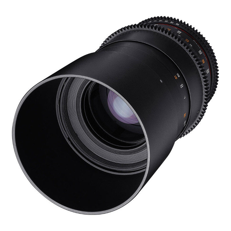 Samyang 100mm T3.1 VDSLR ED UMAC macro Sony A-mount Lente fotográfica preta com anéis dentados em fundo branco