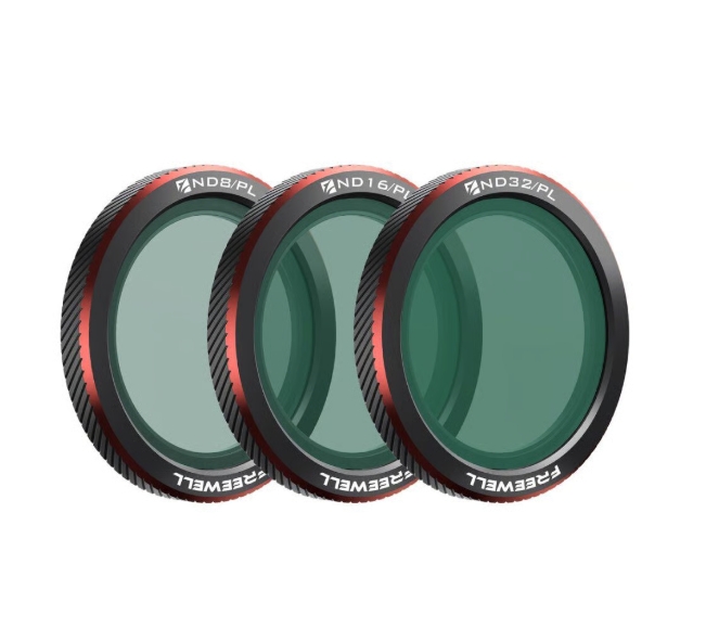 Freewell Neo 2 Magnetic ND/PL Filters Bright Day 3-pack Três filtros de densidade neutra para câmaras com molduras preta e vermelha.