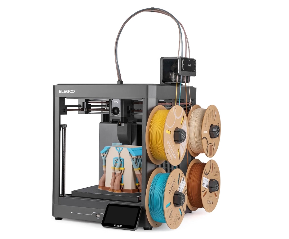 Elegoo Centauri 2 Combo Impressora 3D ELEGOO cinzenta com ecrã tátil e bobinas coloridas de filamento