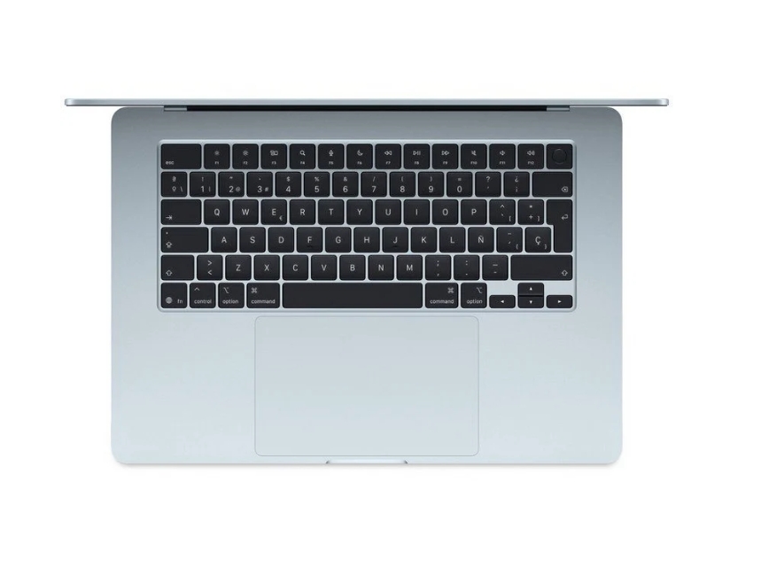 Apple MacBook Air Apple M4 10 Núcleos/16GB/512GB SSD/GPU 10 Núcleos/15.3" Azul Céu Teclado de computador portátil cinza claro com teclas pretas e letras brancas.