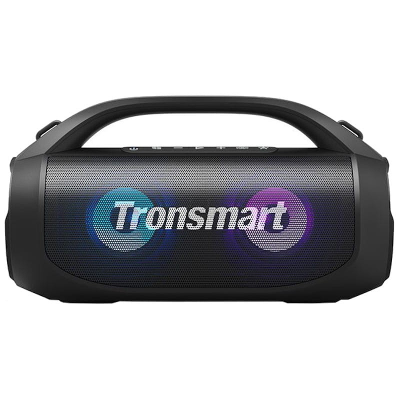 Coluna portátil Bluetooth preta Tronsmart com iluminação LED azul e roxa.