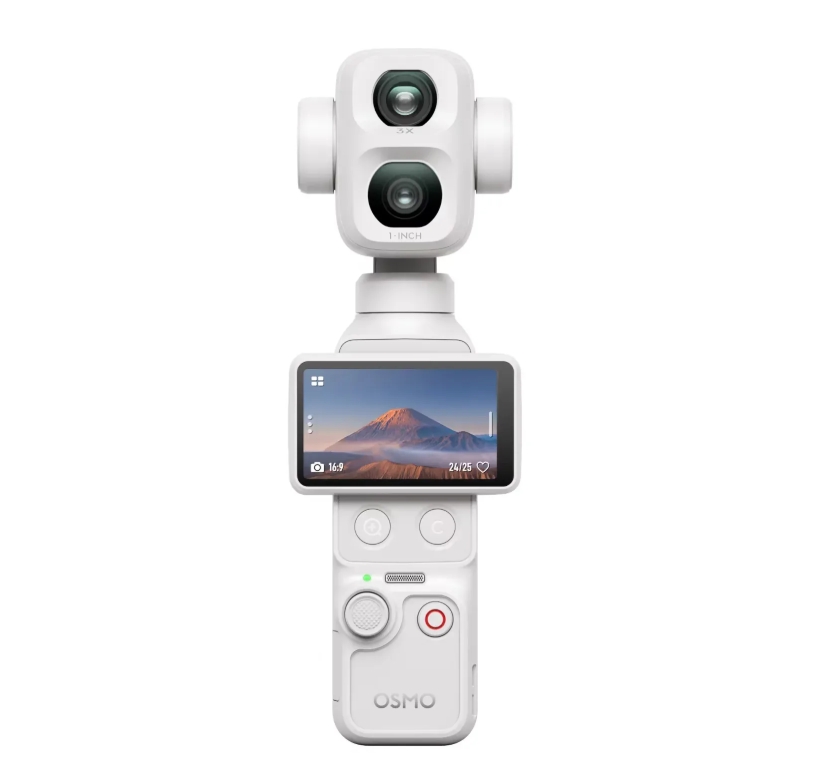 DJI Osmo Pocket 4P Branco Câmara Osmo branca com duas lentes e ecrã a mostrar montanha