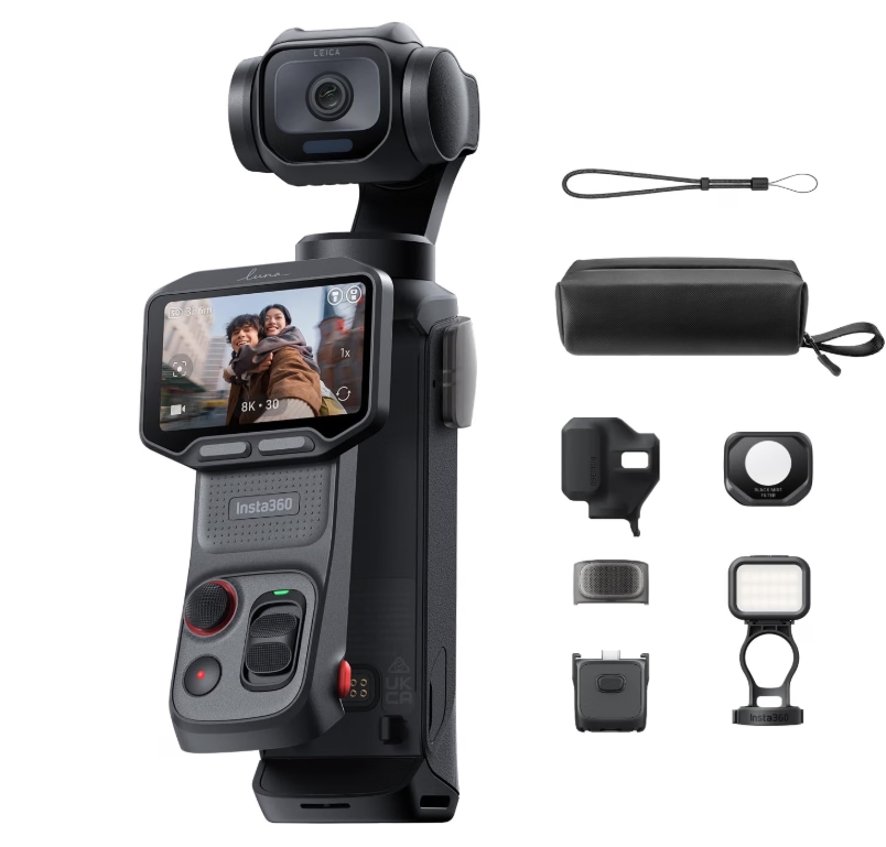 Insta360 Lua Pro (Pacote de luz de preenchimento) Câmara de ação Insta360 preta com ecrã LCD e acessórios numa superfície branca