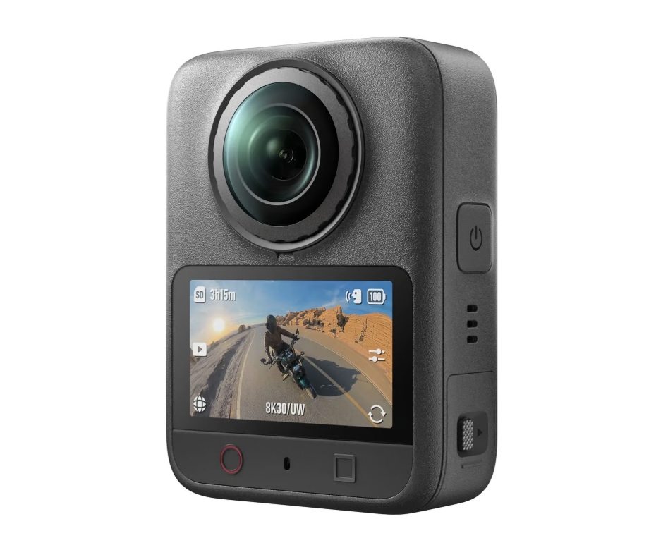 DJI Osmo 360 II Standard Combo Câmara de ação preta com ecrã mostrando imagem de motociclista na estrada