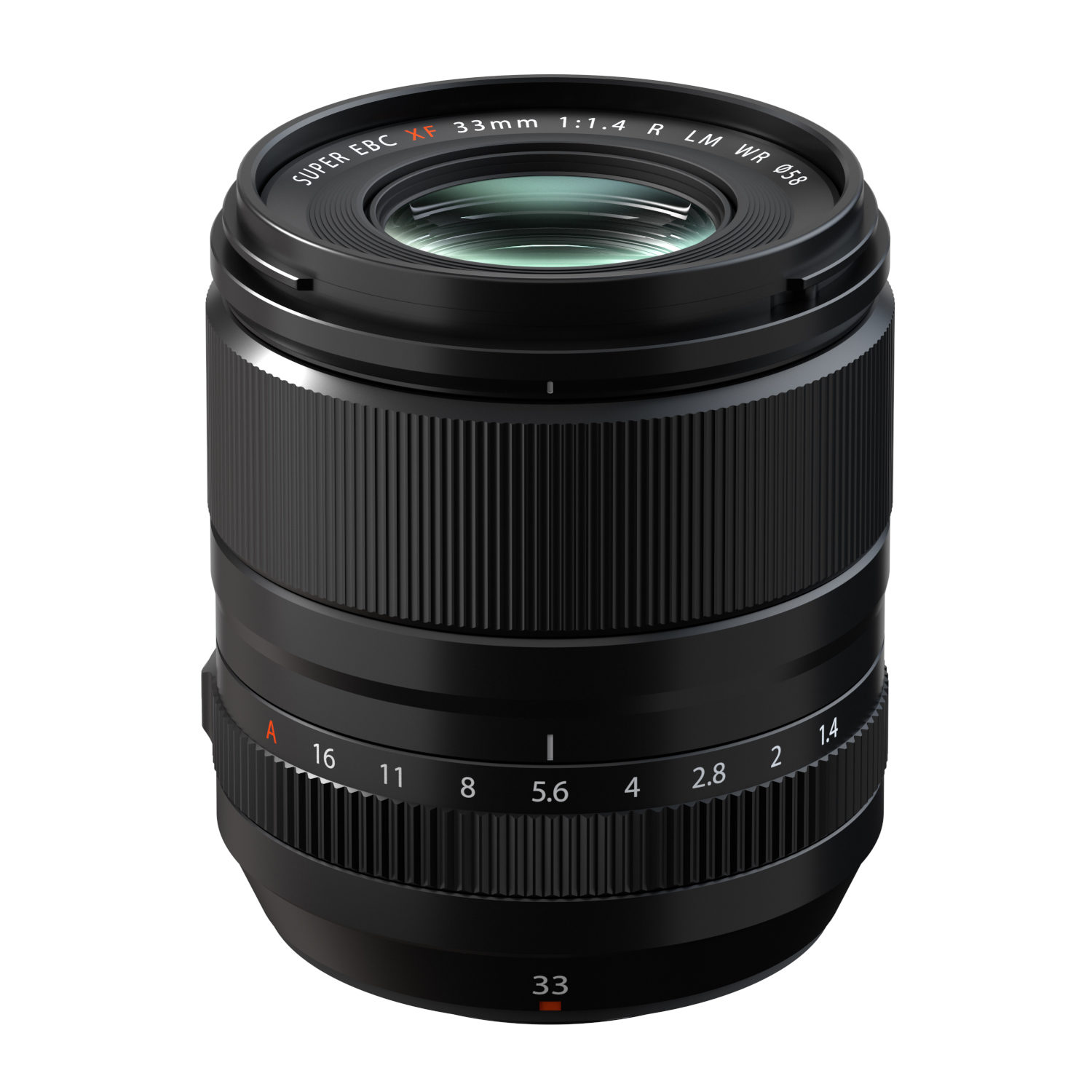 Fujifilm XF 33mm f/1.4 R LM WR Objetiva fotográfica preta com texto branco e vermelho e anéis de ajuste texturizados