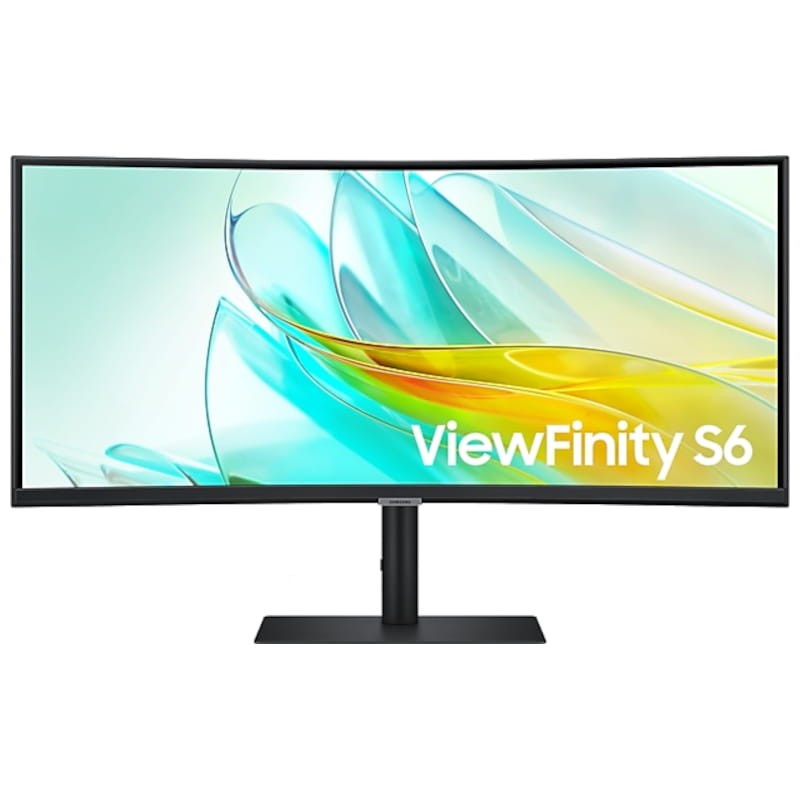Monitor ultrawide panorâmico curvo ViewFinity S6 com estrutura preta e base retangular