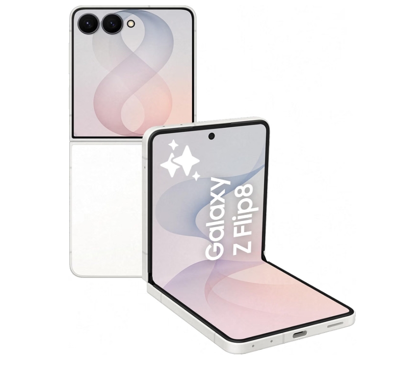 Samsung Galaxy Z Flip8 512 GB branco Smartphone dobrável Samsung Galaxy Z Flip8 branco aberto e parcialmente fechado
