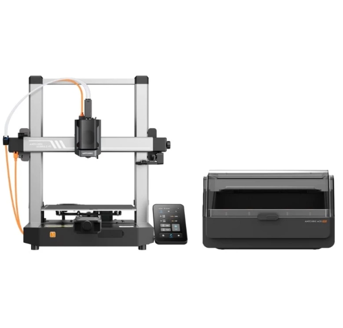 Anycubic Kobra 3 V2 Combo Impressora 3D cinza e preta com painel digital e unidade de acabamento.