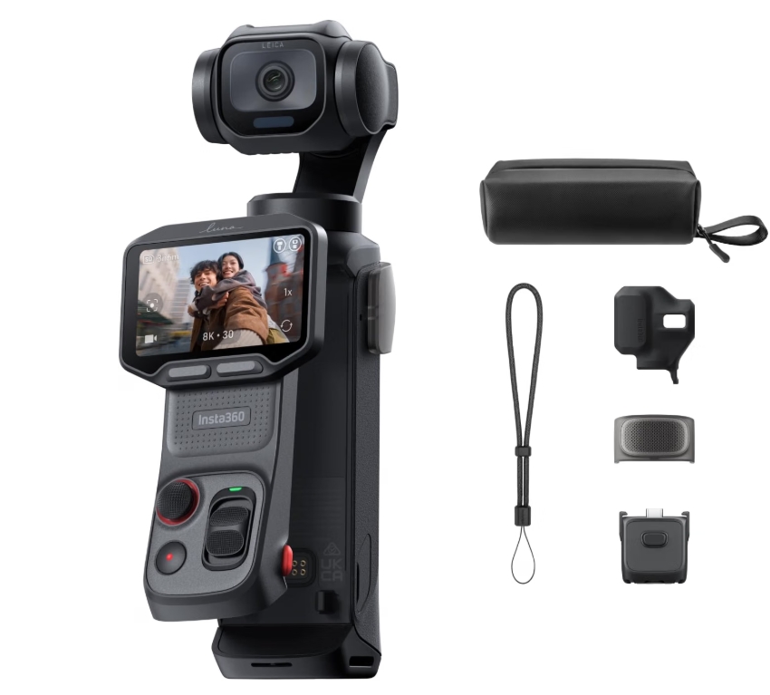 Insta360 Luna Pro Câmara de ação Insta360 preta com ecrã e acessórios.