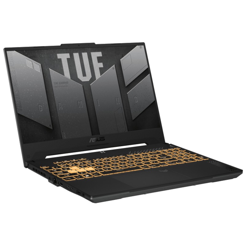ASUS TUF Gaming F15 TUF507VVV-LP193 i7-13620H/16GB/1TB/RTX4060 Preto - Portátil Gaming 15.6" Portátil ASUS TUF preto com teclado amarelo e ecrã com texto TUF