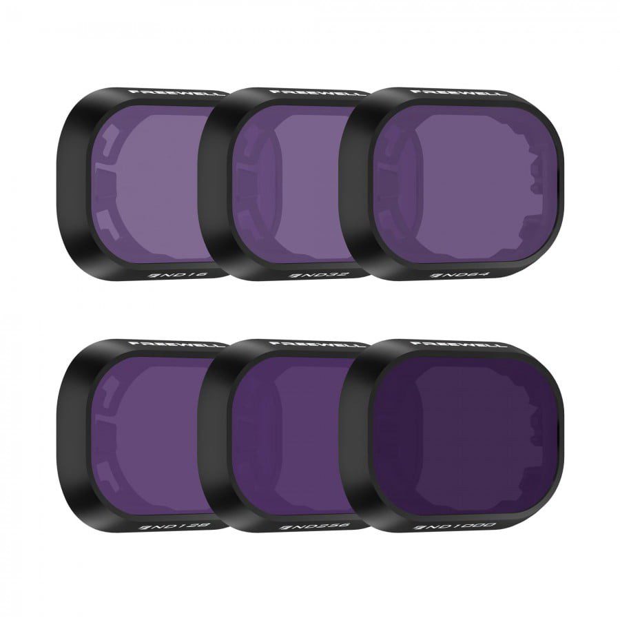 Freewell DJI Mini 4 Pro All Day 6 Pack Seis filtros quadrados com bordas pretas e lentes roxas, com texto ND16/PL