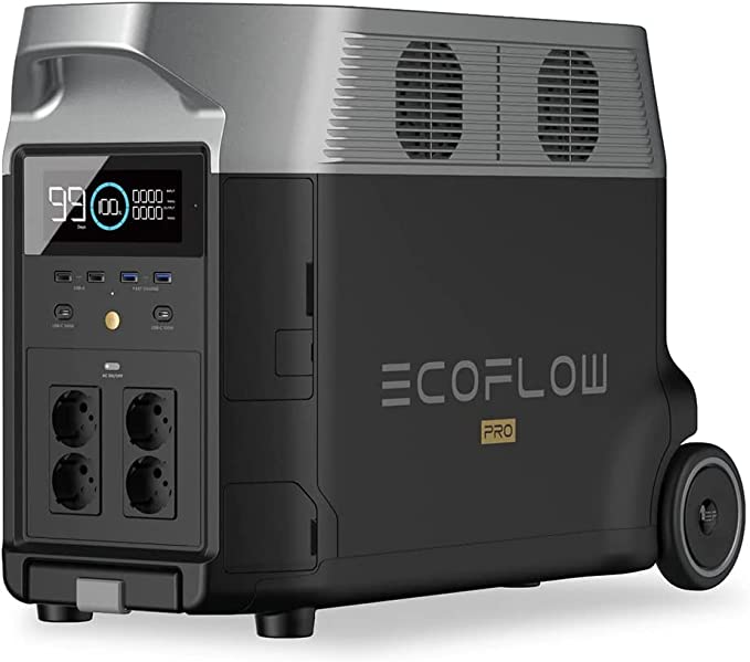 ECOFLOW DELTA Pro Gerador portátil ECOFLOW PRO cinza escuro e preto com visor digital e tomadas elétricas