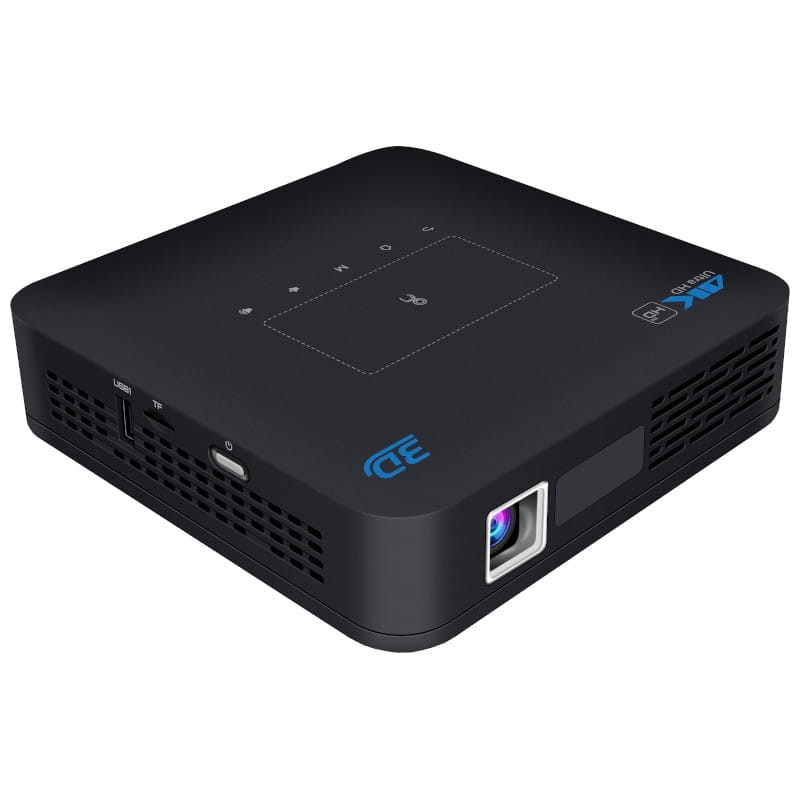 Projetor digital portátil preto com lente frontal e símbolos brancos na superfície superior