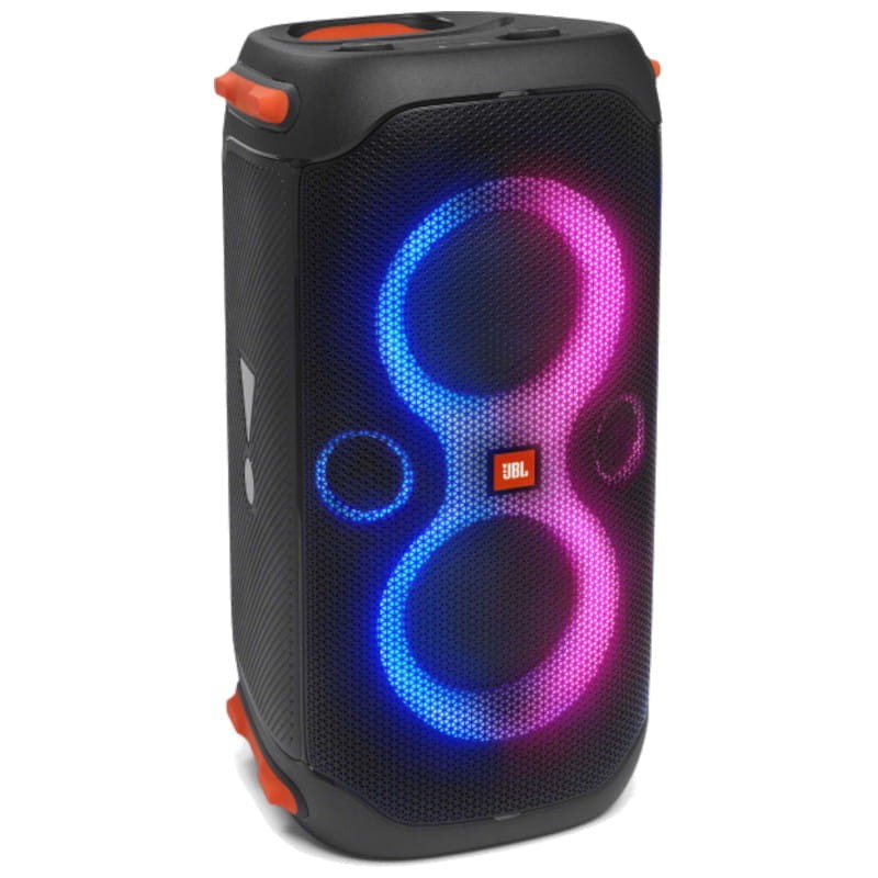 Coluna portátil JBL preta com luzes LED coloridas e detalhes em laranja