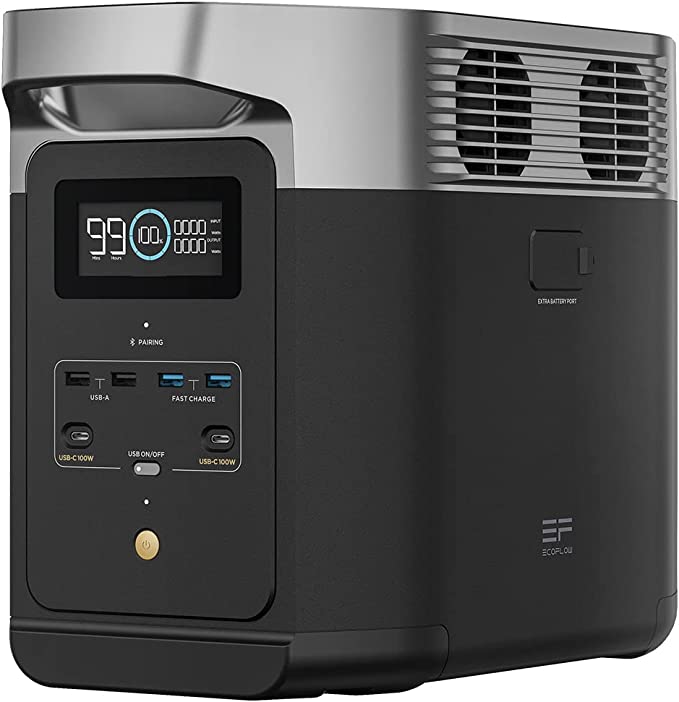 ECOFLOW DELTA 2 Gerador portátil de energia preto e cinza com visor digital e várias portas USB