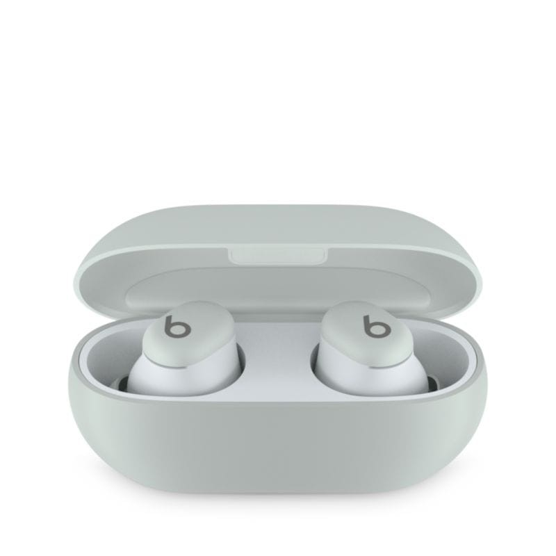 Apple Beats Solo Buds Fast Fuel Storm Cinzento Auscultadores sem fios brancos em estojo aberto com símbolo 'b'