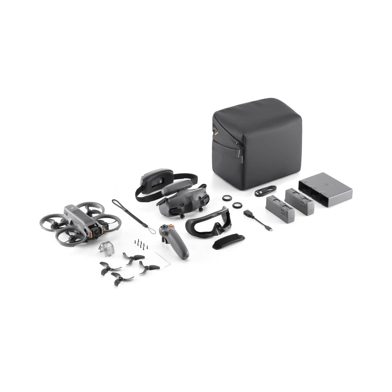 DJI Avata 2 Fly More Combo (Três baterias) Conjunto de drone compacto preto e acessórios com bolsa de transporte preta.