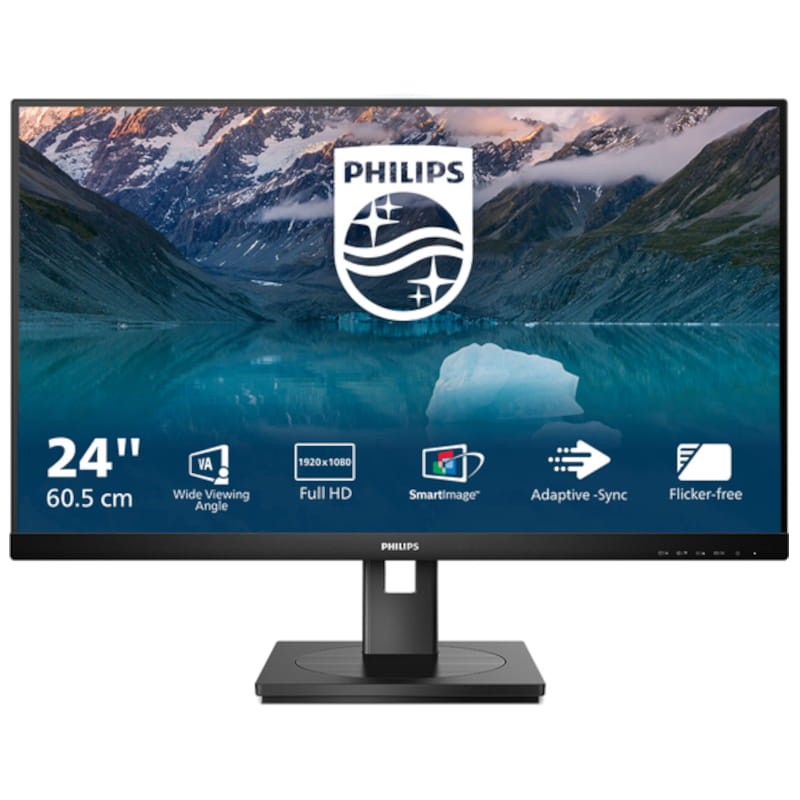 Monitor Philips 24'' Full HD preto com características técnicas visíveis no ecrã