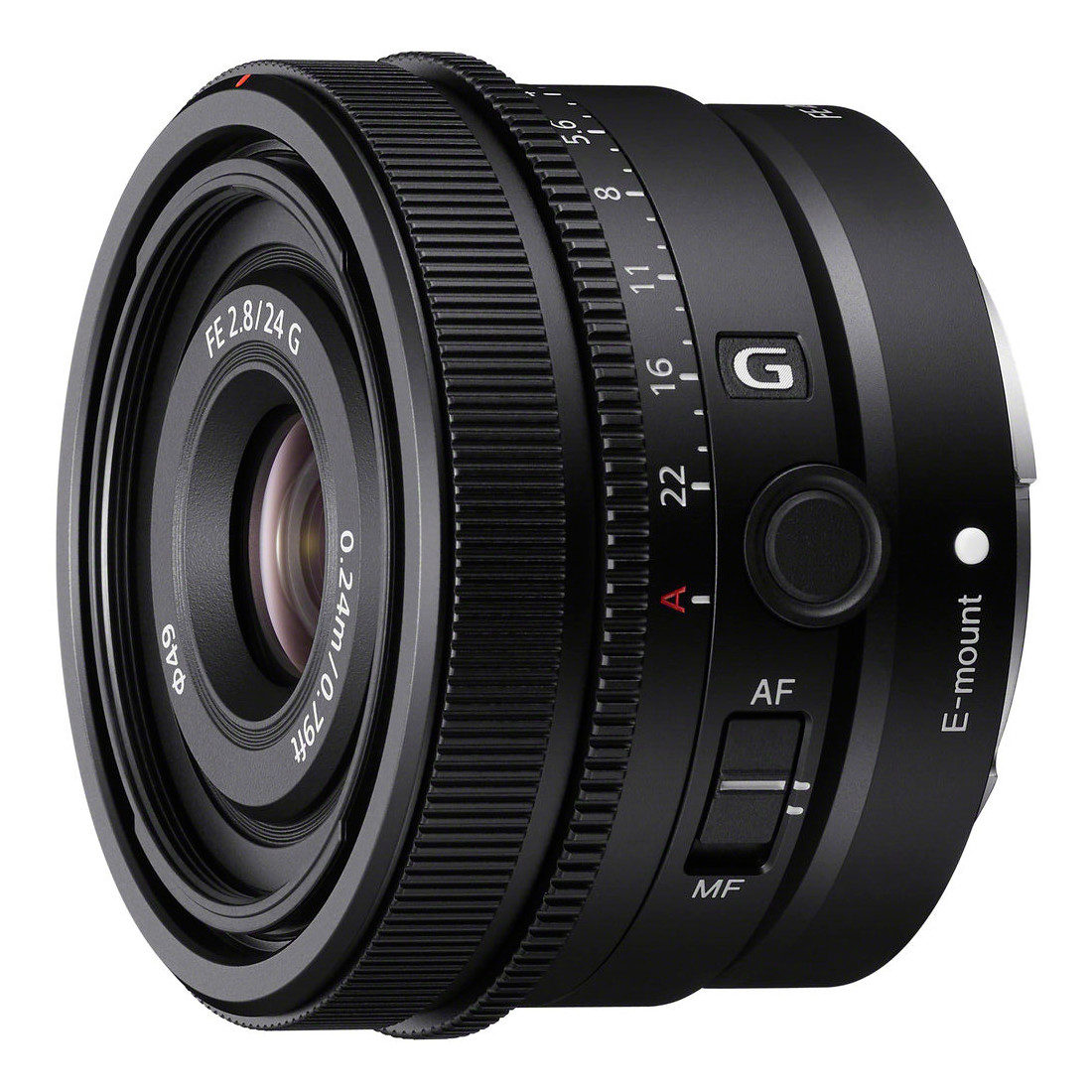 Sony FE 24mm f/2.8 G Objectiva fotográfica preta com texto branco e anéis ajustáveis