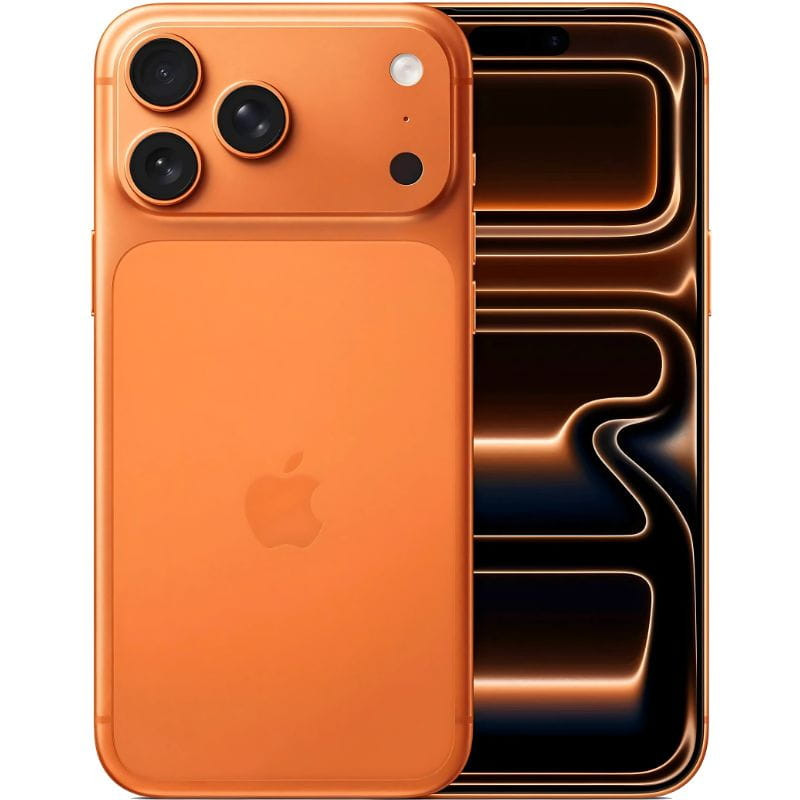 iPhone 17 Pro Max 1 TB Laranja Smartphone laranja com três câmaras traseiras e ecrã frontal com padrão abstrato