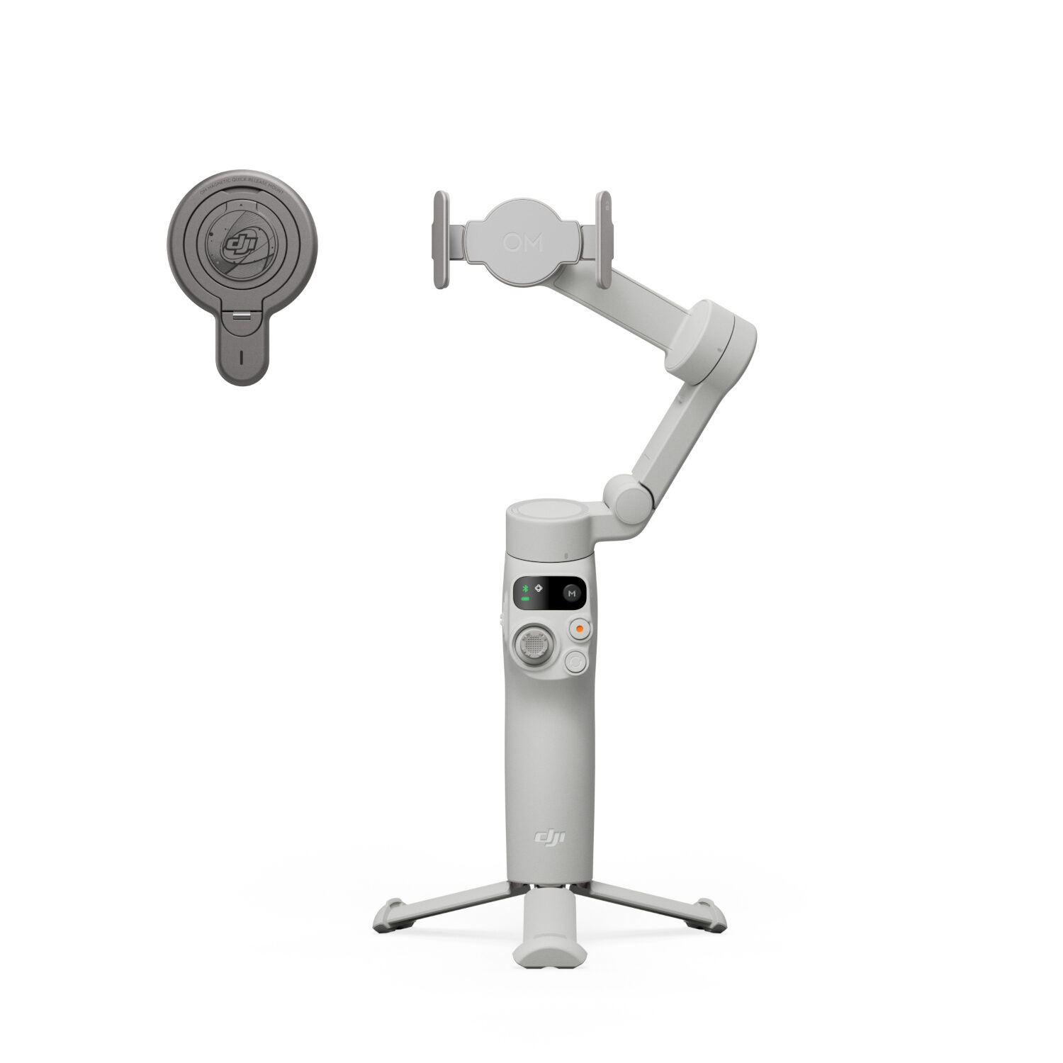 DJI Osmo Mobile 7 Estabilizador DJI cinza claro com tripé e ecrã digital