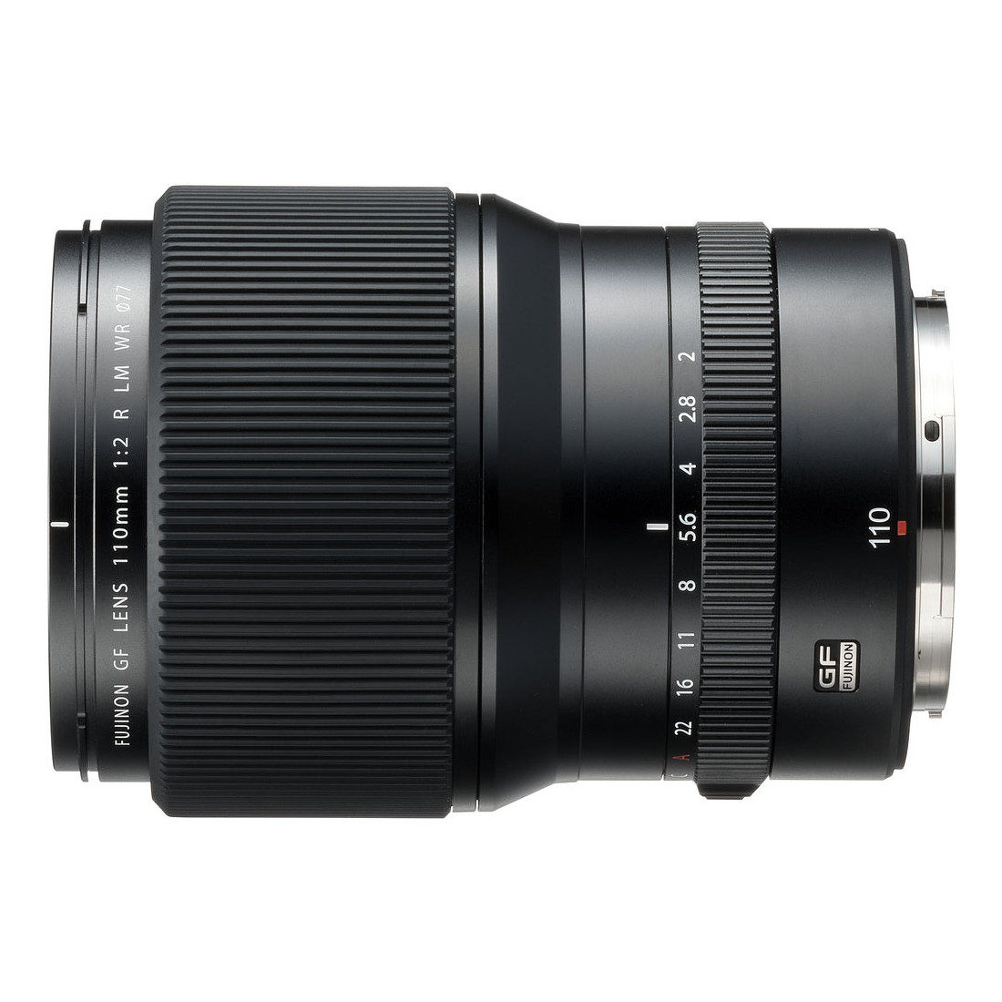Fujifilm GF 110mm f/2.0 R LM WR Lente de câmera Fujinon GF Lens 110mm preta vista de lado