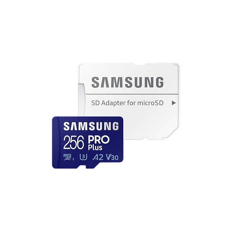 Cartão microSD azul Samsung 256GB PRO Plus com adaptador SD branco Samsung