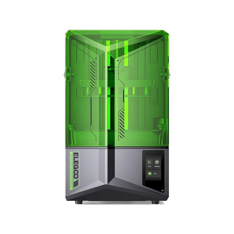 Elegoo Saturn 4 Impressora 3D de resina cinza com cobertura verde translúcida e painel de toque