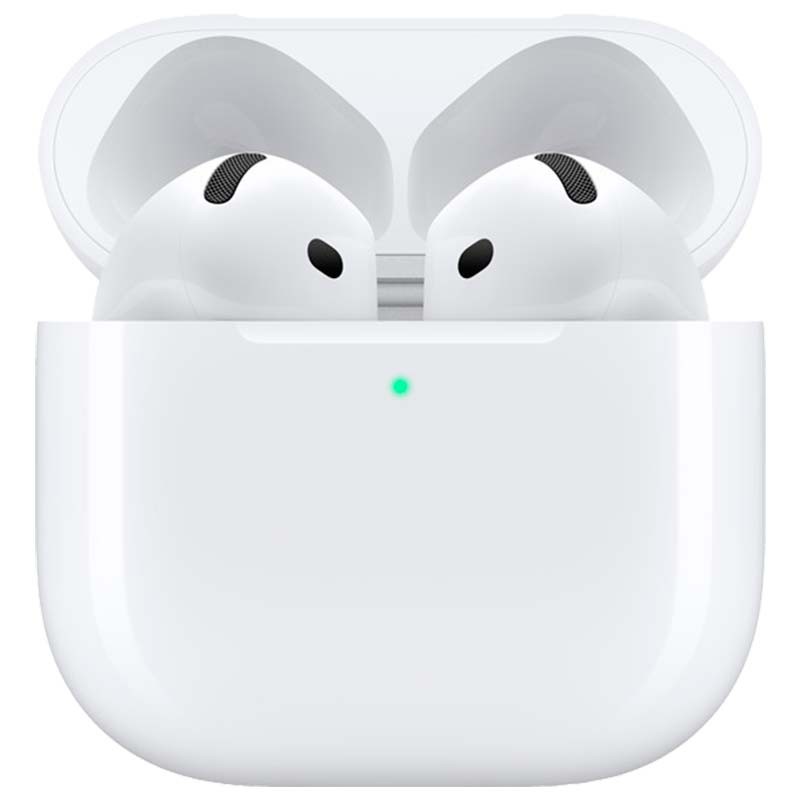 Apple AirPods 4 - Auriculares Sem Fio TWS Auriculares sem fios brancos no estojo de carregamento branco com luz verde