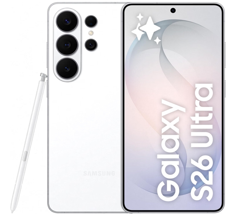 Samsung Galaxy S26 Ultra 512GB Branco Smartphone Samsung Galaxy S26 Ultra branco com caneta e ecrã frontal com texto
