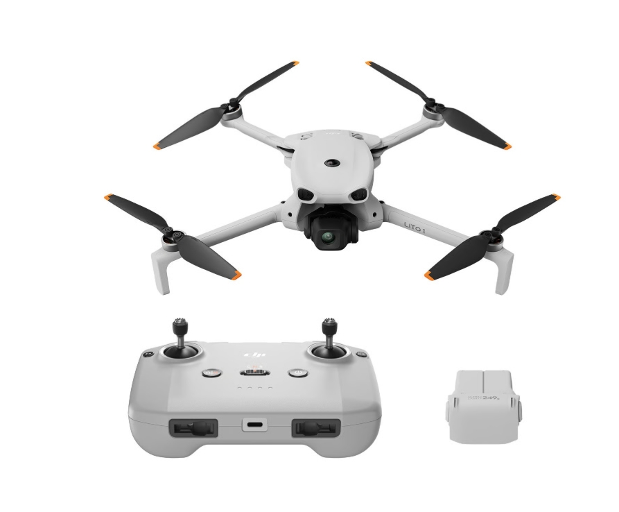 DJI Lito 1 com RC-N3 Drone branco com hélices pretas e controle remoto em fundo branco