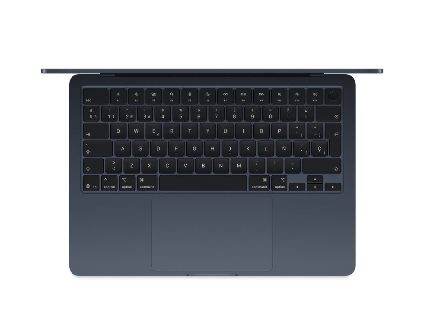 Apple Macbook Air Apple M4 10 Núcleos/16 GB/256GB SSD/GPU 8 Núcleos/13.6" Meia-Noite Portátil cinzento escuro visto de cima com teclado QWERTY espanhol e trackpad