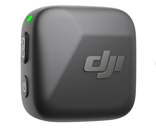 DJI Mic Mini Transmitter Dispositivo preto compacto com logótipo dji e botões laterais