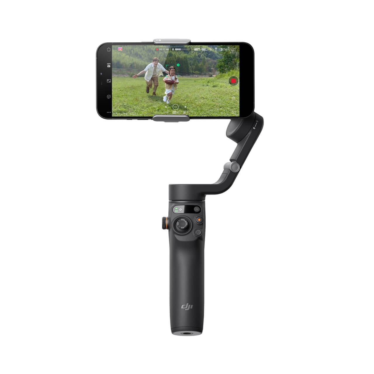 DJI Osmo Mobile 6 Estabilizador de smartphone DJI preto com telefone acoplado mostrando pessoas correndo num parque
