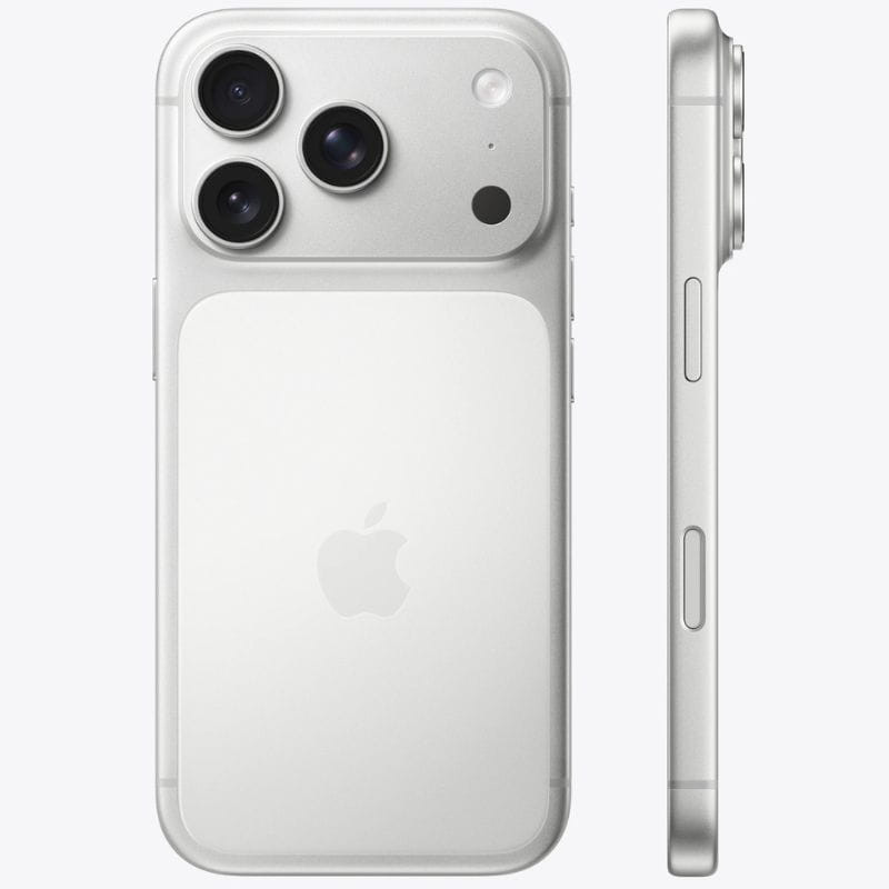 IPhone 17 Pro 256GB Prateado Telemóvel prata com três câmaras e acessório branco com logo da maçã