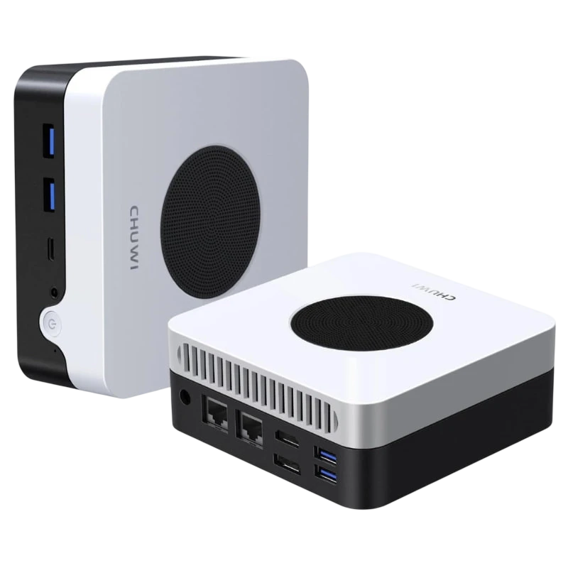 Chuwi LarkBox X Intel N150/16GB/512GB SSD/W11 - Mini PC Dois mini computadores CHUWI brancos e pretos com várias portas e ventilador circular