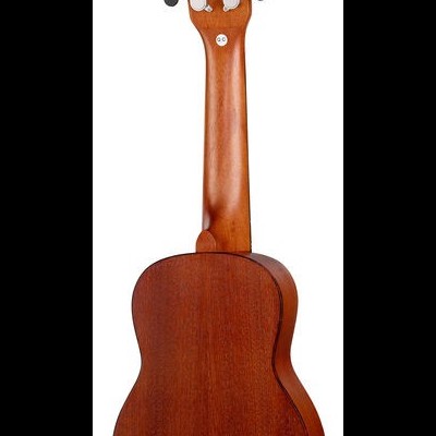 Ukulele em madeira castanha visto de trás com cravelhas metálicas e botões pretos