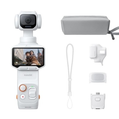 Câmara estabilizadora portátil Insta360 branca com acessórios e estojo cinzento.