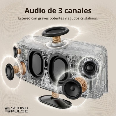 Coluna de áudio transparente com três altifalantes visíveis e texto promocional em castelhano