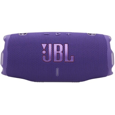 Coluna portátil JBL roxa com logótipo e botões visíveis