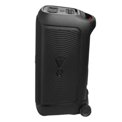 Coluna portátil preta com textura ondulada e botões na parte superior