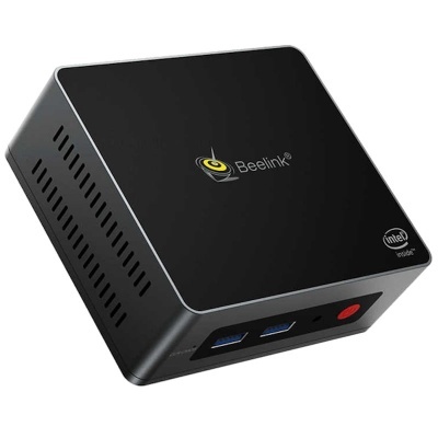 Mini PC preto Beelink com portas USB e botão vermelho