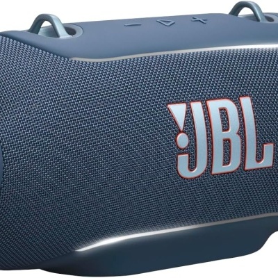 Coluna portátil JBL azul em tecido texturado com botão e símbolo de exclamação