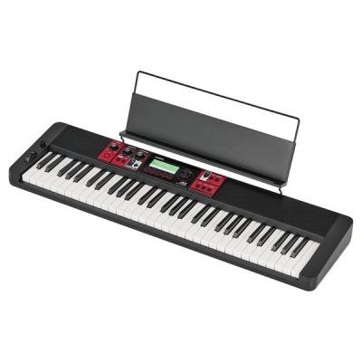 Teclado musical digital preto e vermelho com 61 teclas e suporte de partituras