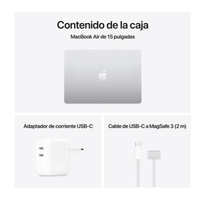 Conteúdo da caixa do MacBook Air 15 polegadas com adaptador USB-C e cabo MagSafe 3.